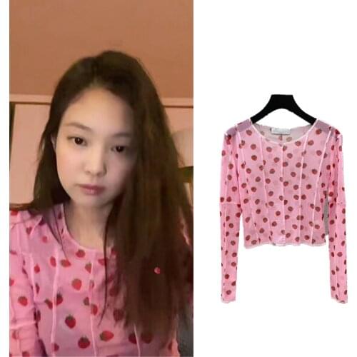 Kpop Korean Celebrity Casual Women Slim Long Sleeves Tee Shirts Women Summer Sexy O-Neck T Shirt Fashion Pink Perspective Tops