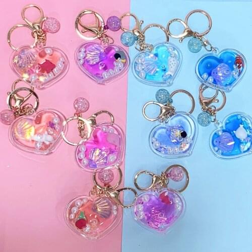 Cute Ocean Animal Doll Oil Liquid Keychain Heart Shape Moving Liquid Keyring Quicksand Love Heart Bottle for Women Bag Pendant