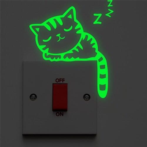 Cartoon cat switch luminous sticker glow in the dark kids rooms home decor animal fluorescent wall sticker vinyl poster