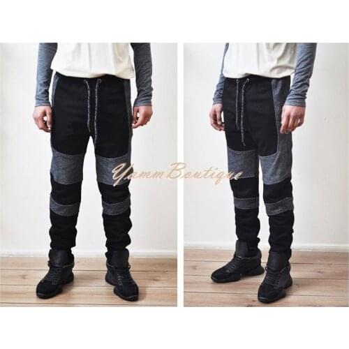 Mens Biker Drop Crotch Shadow Joggers - Black Panel Elastic Band Trouser