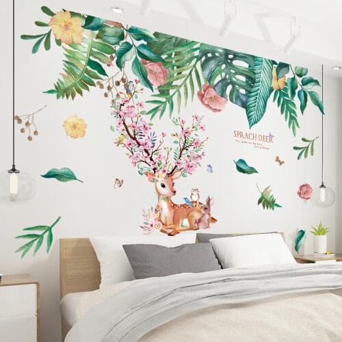 Cartoon Deer Animal Wall Stickers DIY Green Leaves Wall Decals for Kids Rooms Baby Bedroom Nursery Kitchen Home Decoration