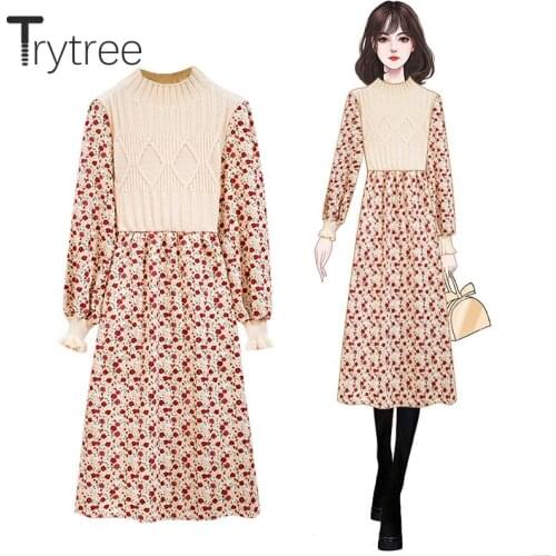 Trytree 2020 Autumn Winter Womens Dress Casual Elastic Turtleneck Knitted Patchwork Floral Puff Sleeve A-line Office Lady Dress