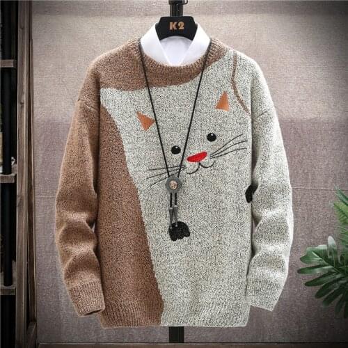 Autumn Winter New Knitted Sweater Thicken Keep Warm Korean Style Handsome Youth Cartoon Cats Daily Chic Casual Loose Pullovers
