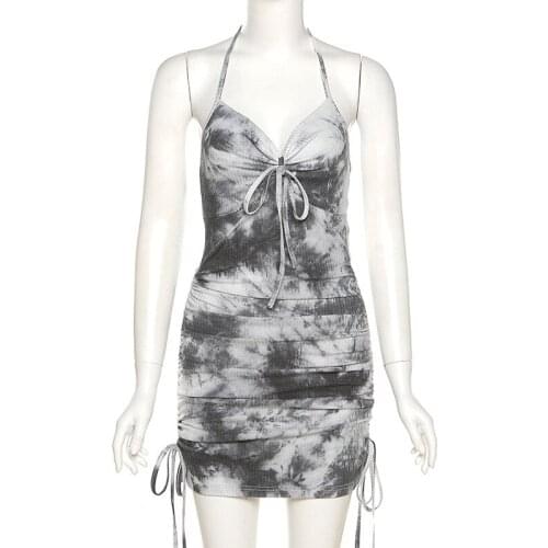 Autumn new style female slim high waist fashion tie-dye pleated sexy halterneck dress
