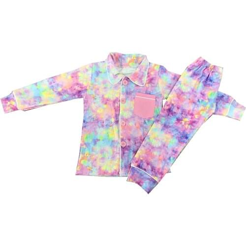 Fall tie dye print boy long sleeve pajamas with button clothing set