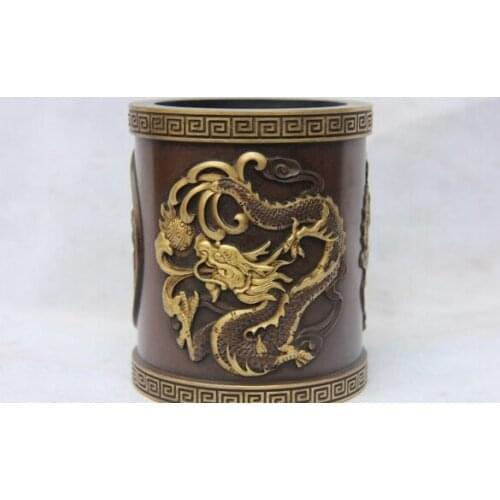Song voge gem S1367 Palace Red Copper 24K Gold Gilt Bronze WenFang Shou Dragon pencil vase brush pot