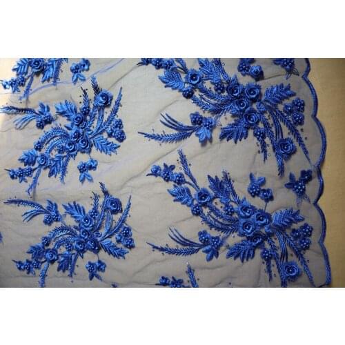 Stunning Royal blue heavy beaded 3D floral lace fabric, Chic French 3D flowers beaded net lace fabrics