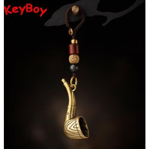 Retro Brass Tobacco Pipe Lanyard Keychain Pendant Metal Copper Cigarette Holder Smoking Filter Men Car Key Ring Hanging Handmade