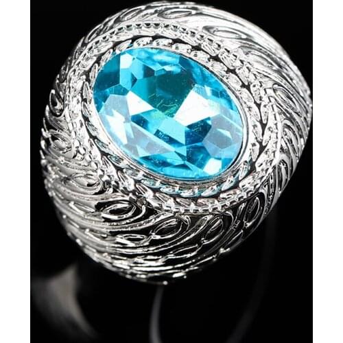 Luxury Oval Blue Crystal Stone Rings for Women Wedding Party Accessories Silver Color Chunky Ring Punk Carved Jewelry Gift
