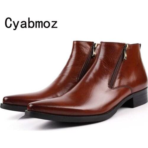 Luxury high quality men cowboy Martin boots fashion genuine leather zip ankle booties British pointed toe motorcycle dress shoe