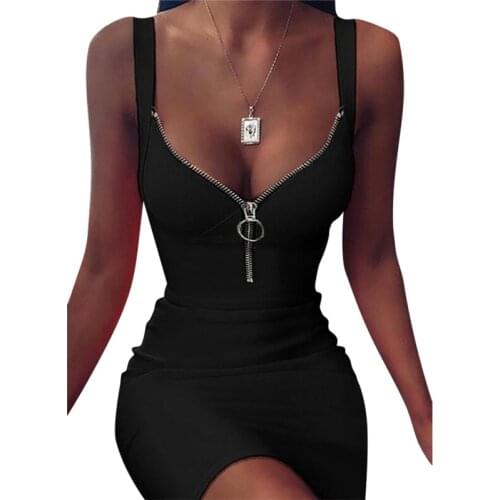 Sexy V-Neck Mini Dress Women Summer Sleeveless Slim Party Dresses Zipper Skinny Bodycon Sundress Ladies Vestidos Black Clubwear