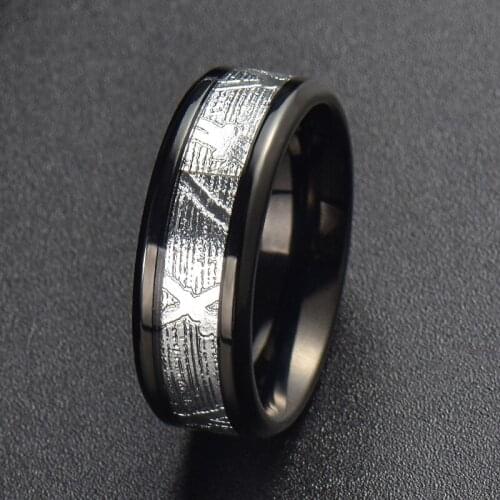 New Arrival 8mm Width Black Stainless Steel Ring for Party With Silver Color Chaotic Filament Pattern US Size 6-14