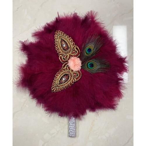 Wine Custom African Wedding Feather Hand Fan with Stones Feather Dance Fan Handmade Bride Hand Held Photo Props Wedding Favors