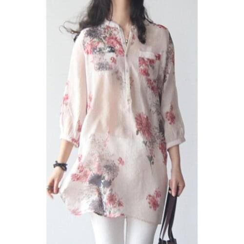 Vintage Women Floral Print Blouse Cotton Linen Shirt Casual Loose Tops Female Long Shirt Blusas Tunic Chinese Style