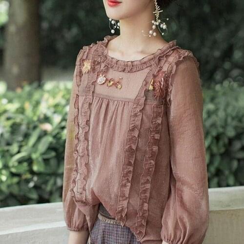 Womens Spring Autumn Style Chiffon Blouses Shirt O-Neck Ruffles Solid Color Long Sleeve Korean Casual Tops DF3929