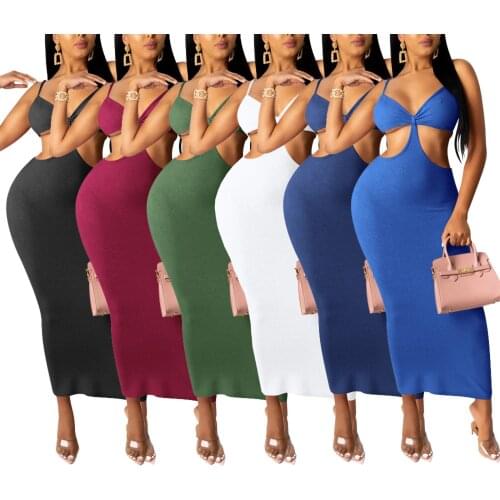 Women Solid Color Midi Dress, Hollow Out Sleeveless Deep V-neck High Waist Sling vestidos for Female Party 2021