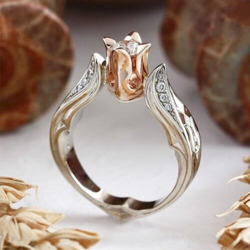 2019 Romantic Rose Gold Fashion CZ Zircon Rings Flower Shape Wedding Jewelry Double Color Ring For Womens Rings Fingers Gifts