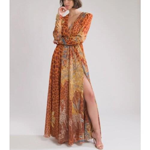 Bohemian Gradient Print Leopard Dress Summer 2021 Autumn Womens Sexy Deep V Neck Low Cut Long Sleeve Floor-length Maxi Dresses