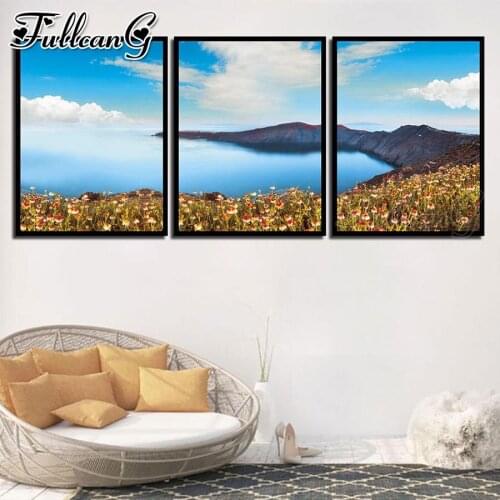 FULLCANG 5d diy diamond embroidery calm sea landscape flowers painting triptych full square round drill home decoration FC3465