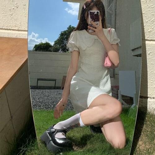 Dress White Doll Collar Bow Short-sleeved Dress Female Summer New Style Korean Waist Slim Short Skirt
