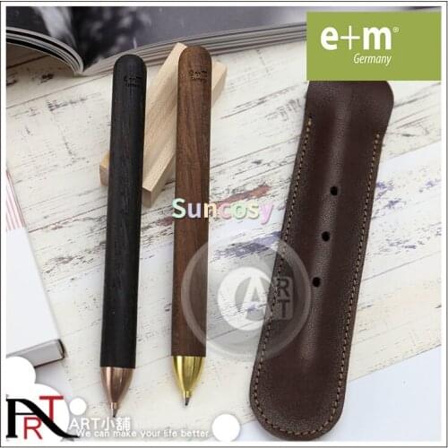 E+m Club Artbox Black Oil-based Ink Ballpoint Pen, Warm Wooden Pen Body with Brass Pen Head, with Soft Leather Cover