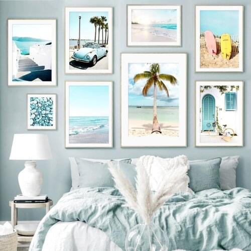 Aegean Sea Beach Car Surfboard Palm Tree Door Wall Art Canvas Painting Nordic Posters And Prints Wall Pictures For Living Room