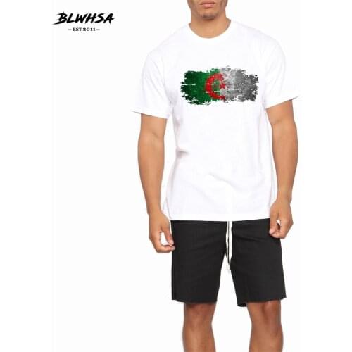 BLWHSA Algeria Flag Printing T shirt Men Casual Short Sleeve Cotton Funny T-shirts Summer Algeria Flag Football Cheering Shirts