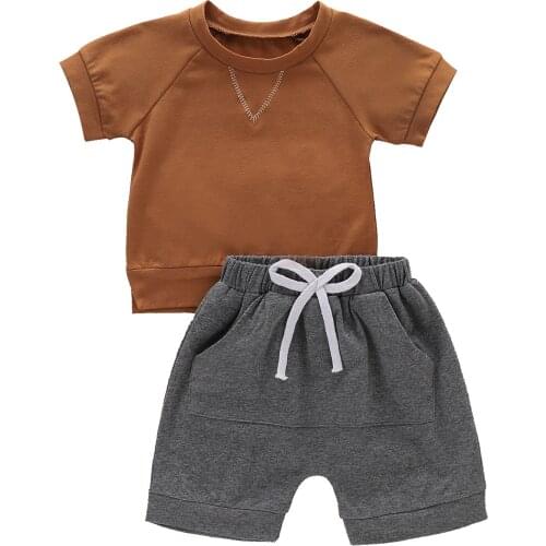 Wallarenear 1-5Y Summer Casual Baby Boys Clothes Sets Brown Solid Short Sleeve T Shirts Grey Shorts Bottoms 2Pcs Outfit Set