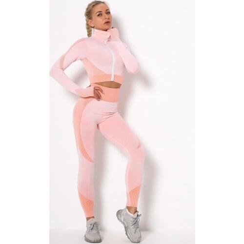 2021 Autumn Winter Jacket Sets Women Seamless Gym Tracksuit 2Pcs Sportswear Zipper Long Sleeve Crop Coat High Waist Leggings Set