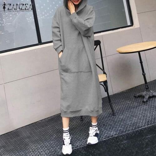 ZANZEA Fashion Women Hoodies Sweatshirt Dress Autumn Solid Midi Vestidos Loose Long Pullover Femme Hooded Long Sleeve Sundress