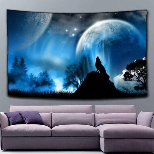 Night wolf Tapestry Wall Hanging Multifunctional Tapestry Boho Printed Bedspread Cover Yoga Mat Blanket Picnic cloth