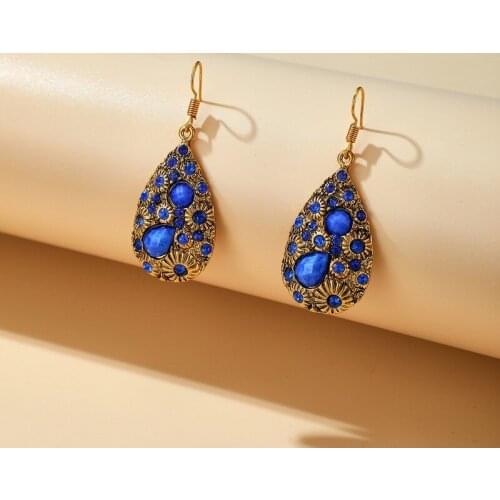 2020 New Vintage Bohemian Water Drop Shape Earrings for Women Personality Alloy Blue Crystal Dangle Earrings Female Jewelry