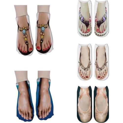 New 3D Printed Flip Flops Women Socks Fun Casual Unisex Happy Socks Summer Pure Cotton Breathable Sports Crazy Low Tube Socks