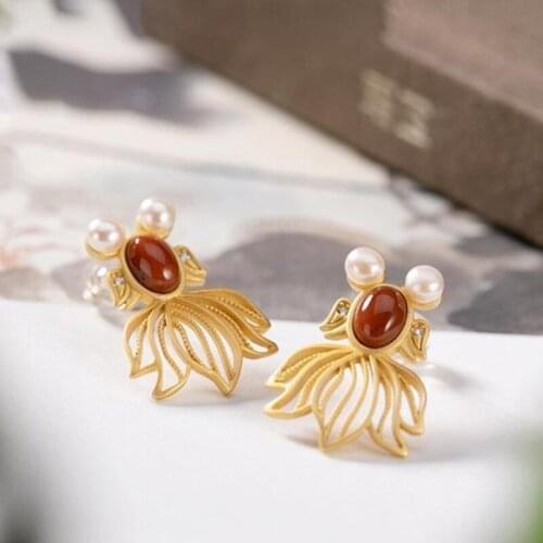 Silver inlaid natural South Red Koi Earrings Chinese style retro palace Bohemian elegant light luxury womens jewelry