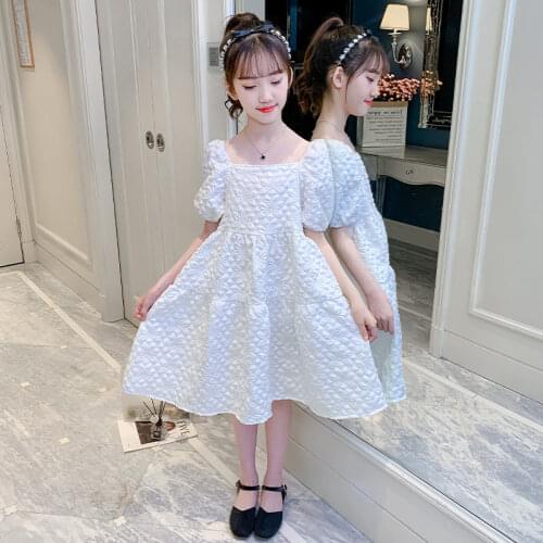 Fashion Teen Girls Embossed Fabric French Vintage Dress Summer New Arrivals Puff Sleeve Wedding Birthday Dress For 6 8 10 12 13Y