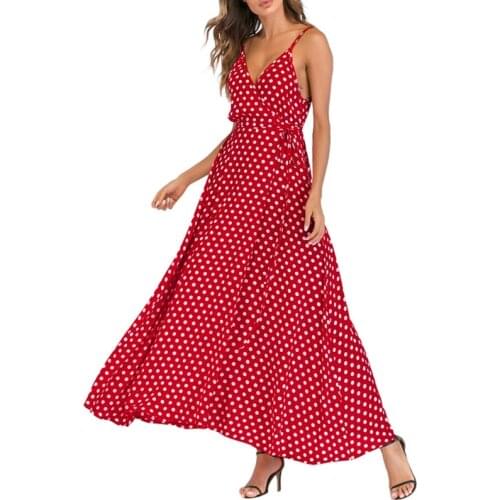 Summer Women Fashion Beach Party Sexy Deep-V Polka Dot Slits Sleeveless Maxi Dress Sexy Party Dress Vestidos Plus Size