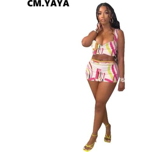CM.YAYA Women Set Print Sleeveless Strap V-neck Crop Tops Bodycon Skinny Mini Skirts Two 2 Piece Sets Tracksuit Summer Outfits