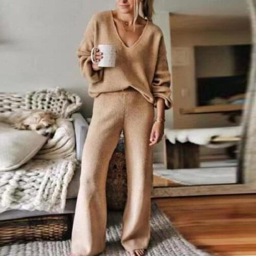 Womens Casual Plain V-Neck Sweater Lounge Suit Autumn Long Sleeve Top Pullover Elastic Waist Pants Homewear Knitted Winter Set
