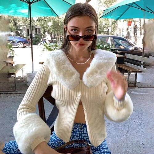 Streetwear Autumn Thin Furry Knitted Cardigan Sweater Women Vintage Elegant Chic Jumper Ladies Fashion Patchwork Knitwear Winter