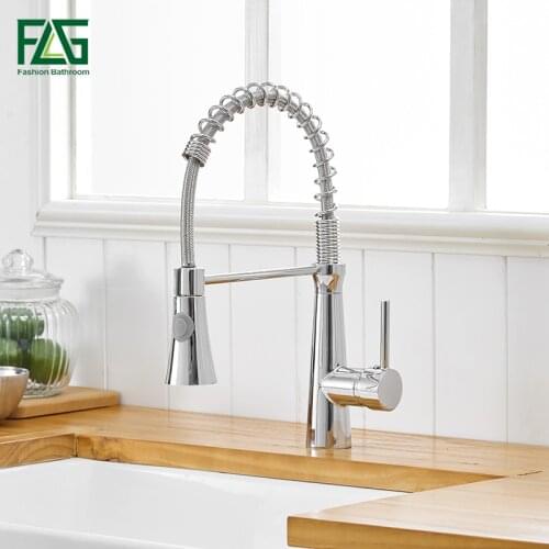 FLG Pull Out Kitchen Faucets Single Handle Chrome Brass Mixer Tap 360 Degree Rotating Black Sink Faucet 1008-33C