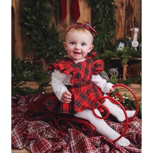 WOSHILAOCAI Newborn Baby Girls Christmas Bodysuit Infant Ruffles Short Sleeve Plaid One Piece Jumpsuit Thick Autumn Winter Set