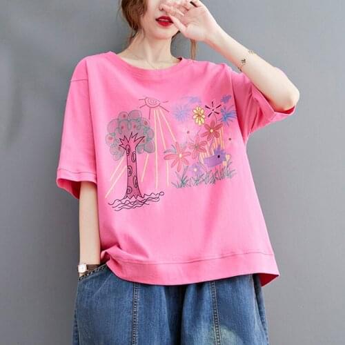 Oversized Women Cotton Linen Casual T-shirts New Arrival 2021 Summer Simple Style O-neck Print Loose Female Tops Tees B706