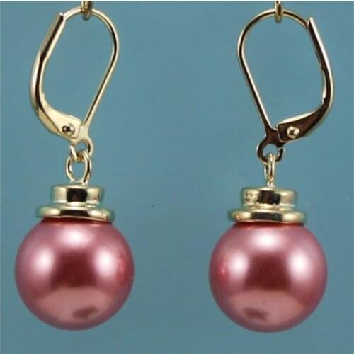 Womens fashion simple gold plated 12 mm deep pink shell pearl Round Earrings