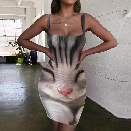 Giyu Brand Cat Dress Women Animal Ladies Dresses Lovely Bodycon Dress Harajuku Halter Sleeveless Womens Clothing Plus Size