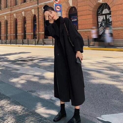 New Korea Women Spring Autumn Black Loose Long Wool Coat Jacket Belt Woolen Overcoat Split Hem Cardigan Outerwear 3XL
