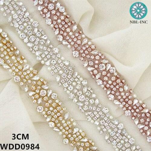 10 YARDS) Wholesale silver bridal beaded crystal rhinestone applique trim gold iron on for wedding dress belt WDD0984