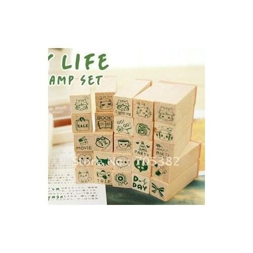 25pcs/set Happy life wooden stamp set Wooden rubber stamp box Decorative DIY zakka school supplies(ss-217)