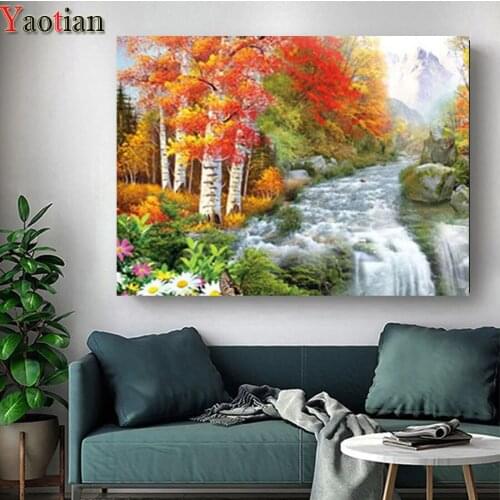 5D Diamond Painting DIY Waterfall scenery Cross stitch River forest flowers landscape scenery series Full Drill Square Round New