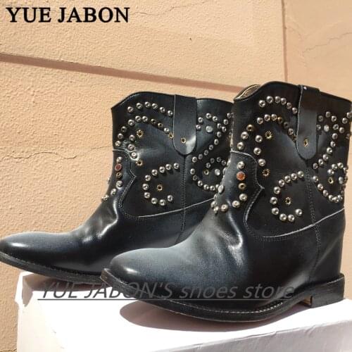 Genuine leather wedge heel ankle boots rivet height increased Chelsea short boots White black shoes short Martin boots for women