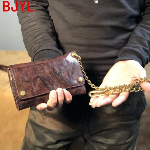 Genuine leather long wallet men purse copper chain dismantling mens medium and long wallet card holder fold leather wallets